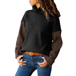 Blue Brown Color Patchwork Ribbed High Neck Sweater Black Mustard